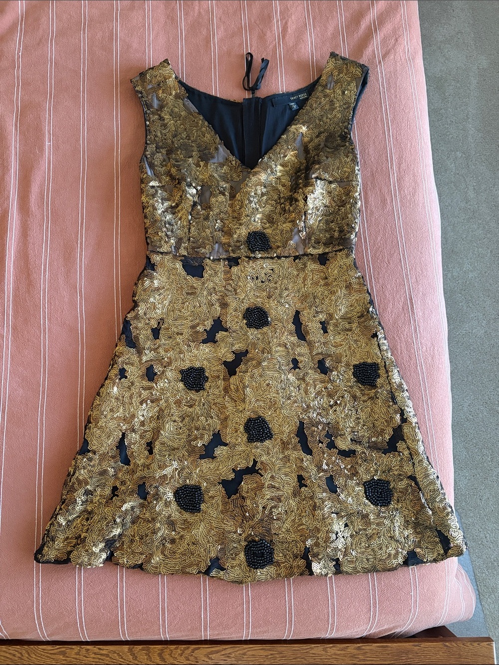 Tracy Reese Gold and Black Embellished V-Neck Mini Dress